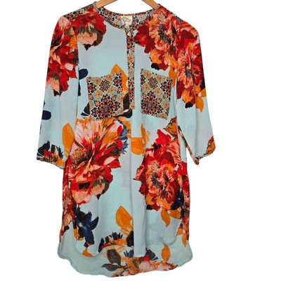 Fig And Flower Anthropologie Boho Floral Tunic Half Button Blouse Size Small