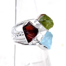 Boho Multi Raw Gemstone Ring 925 Sterling Silver Handmade Ring Size 6.5-RR312