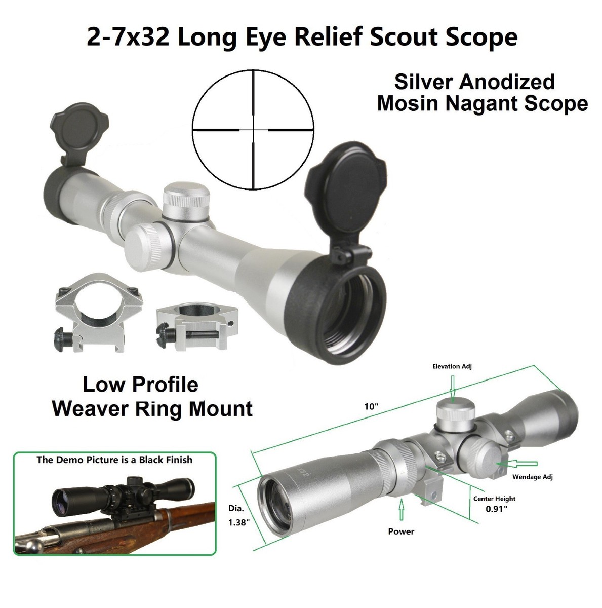 2-7x32mm Scout Scope Long Eye Relief, Duplex + Rings & Lens Cap
