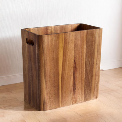 3 Gallons Wooden Wastebaskets, Solid Acacia Wood Waste Basket with Handles, Rect