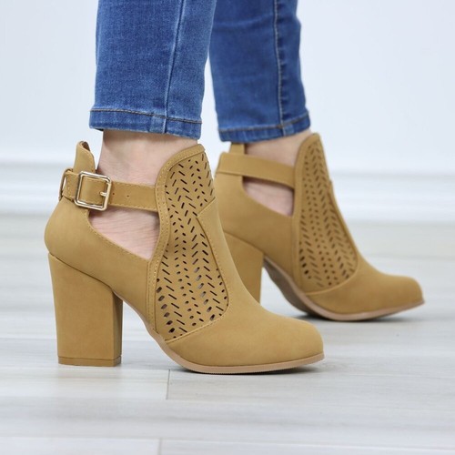 Heeled Ankle Boots Tan Faux Nubuck Round Toe Block High Heel Lacer Cut Design - Picture 3 of 12