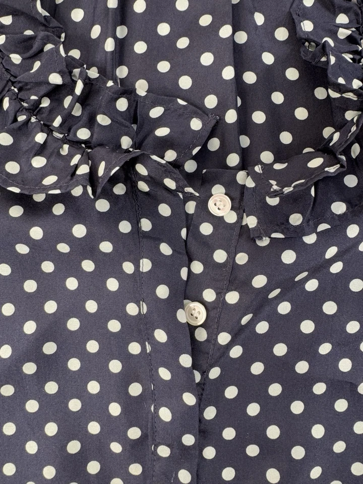 Camiseta sin mangas J Crew para mujer con volantes de seda 0 azul marino lunares CorpCore clásica Preppy oficina Foto 3 de 4