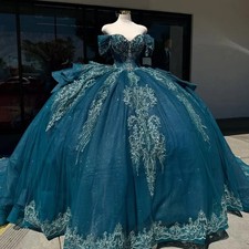 Custom Shiny turquoise Off Shoulder Quinceanera Dress sequin applique beads Long