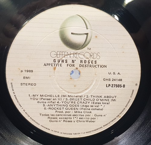 GUNS ROSES APPETITE FOR DESTRUCTION DISC LP VINYL 1989 ECUADOR - Picture 3 of 4