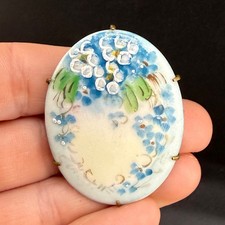 Vintage Hand Painted Porcelain Brooch Gold Tone Flowers Blue