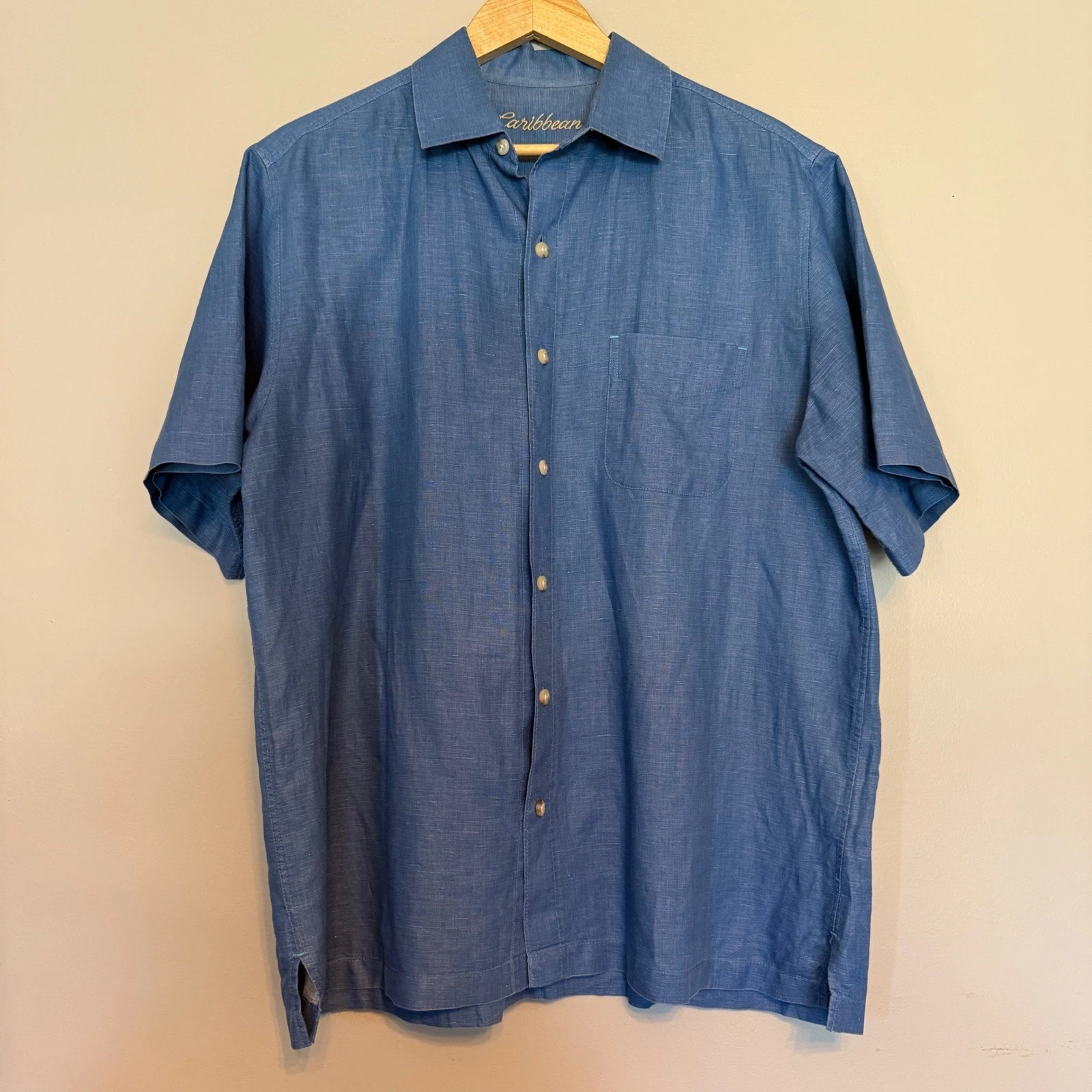 Caribbean Mens Blue Linen Cotton Blend Short Sleeve Button Down Shirt Large