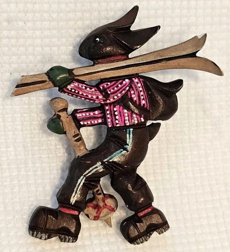 Vintage Pin Rabbit w/ Ski Gear Strong Gold Tone Clasp Innsbruck Costume Jewelry