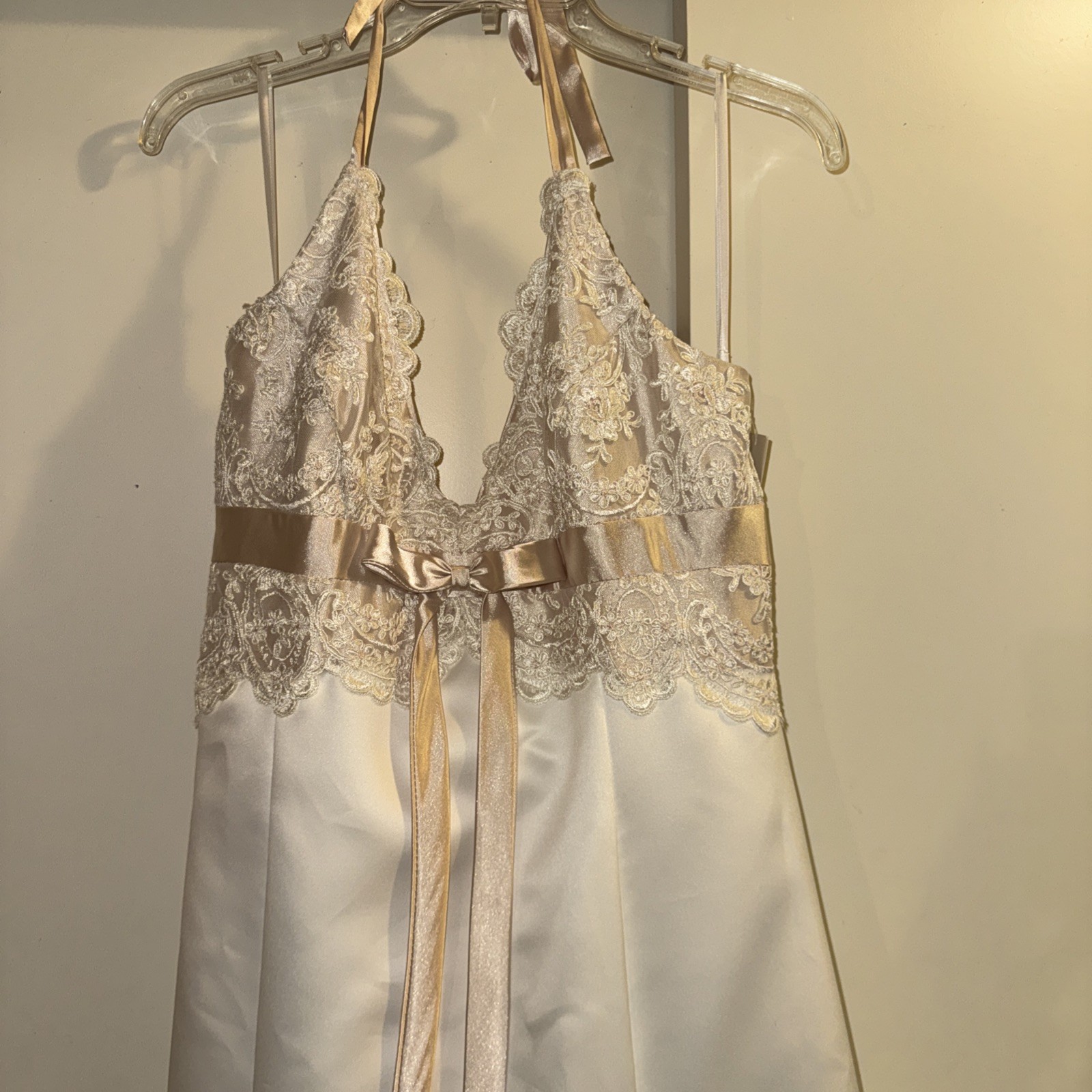 NWT Jessica McClintock Dress Wedding Beige Blush Halter Bow Lace Silk Bridal USA