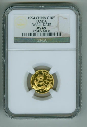 CHINA 1994 SMALL DATE 10 YUAN  1/10 oz .999 GOLD PANDA NGC MS-69 GEM BU