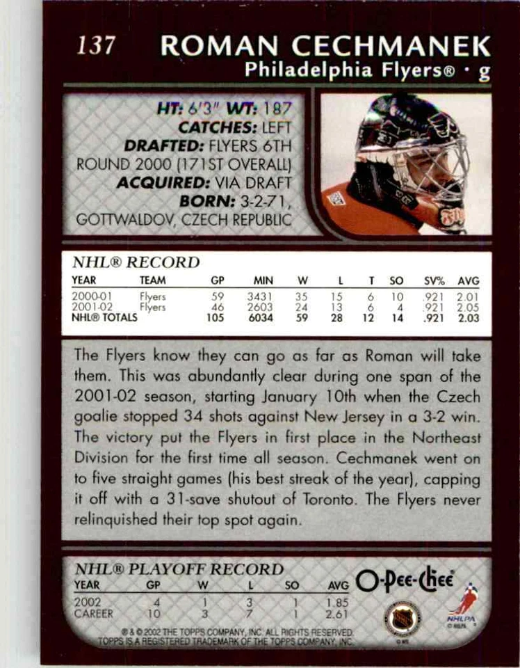 2002-03 O-Pee-Chee Roman Cechmanek #137 - Image 2 of 2