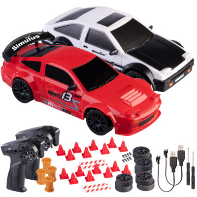 Simulus 2er-Set ferngesteuerte Drift-Sportwagen mit LEDs, 1:24, rot & silber