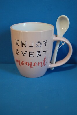 Coffee Cup X2 ''Enjoy Every Moment'' with Spoon, spoon holder in handle, 4'' tall