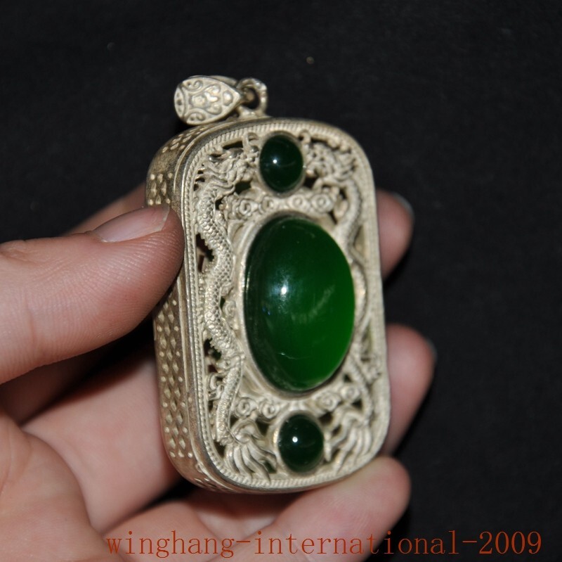 China Tibetan silver inlay green jade dragon loong pattern