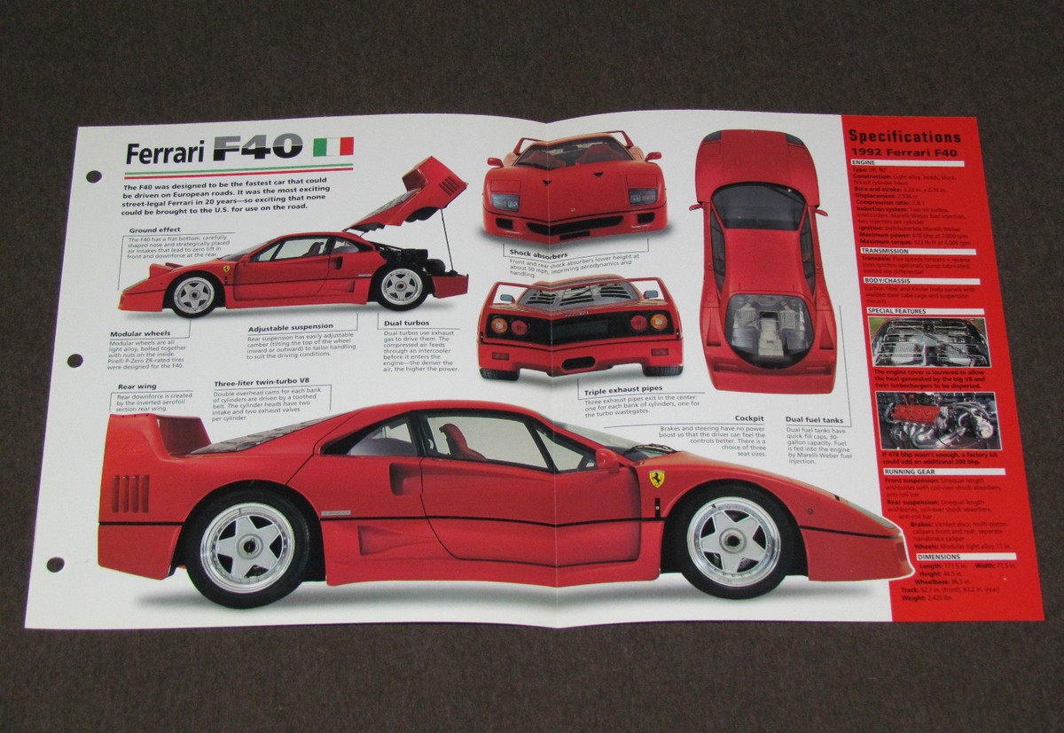 1987-1992 FERRARI F40 Italian Sports Car SPEC SHEET BROCHURE PHOTO