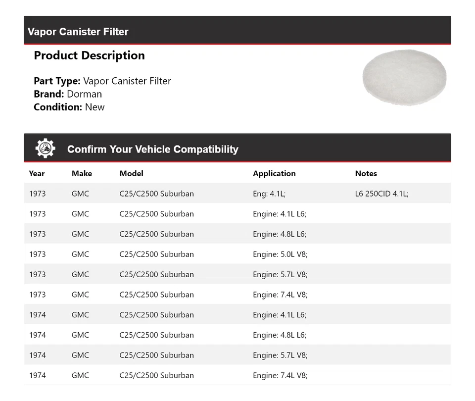 Filtro de bote de vapor Suburban Dorman 1973-1974 GMC C25/C2500 Foto 2 de 4