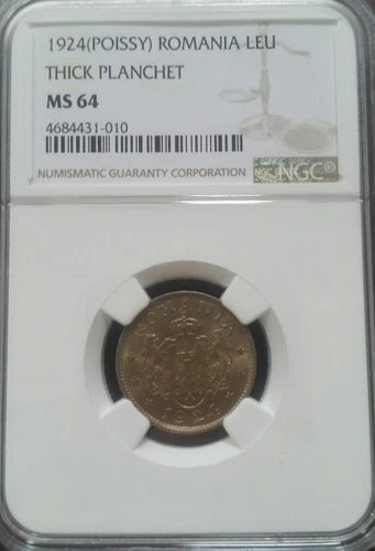 1924 Romania 1 Leu (POISSY) MS-64 NGC THICK PLANCHET