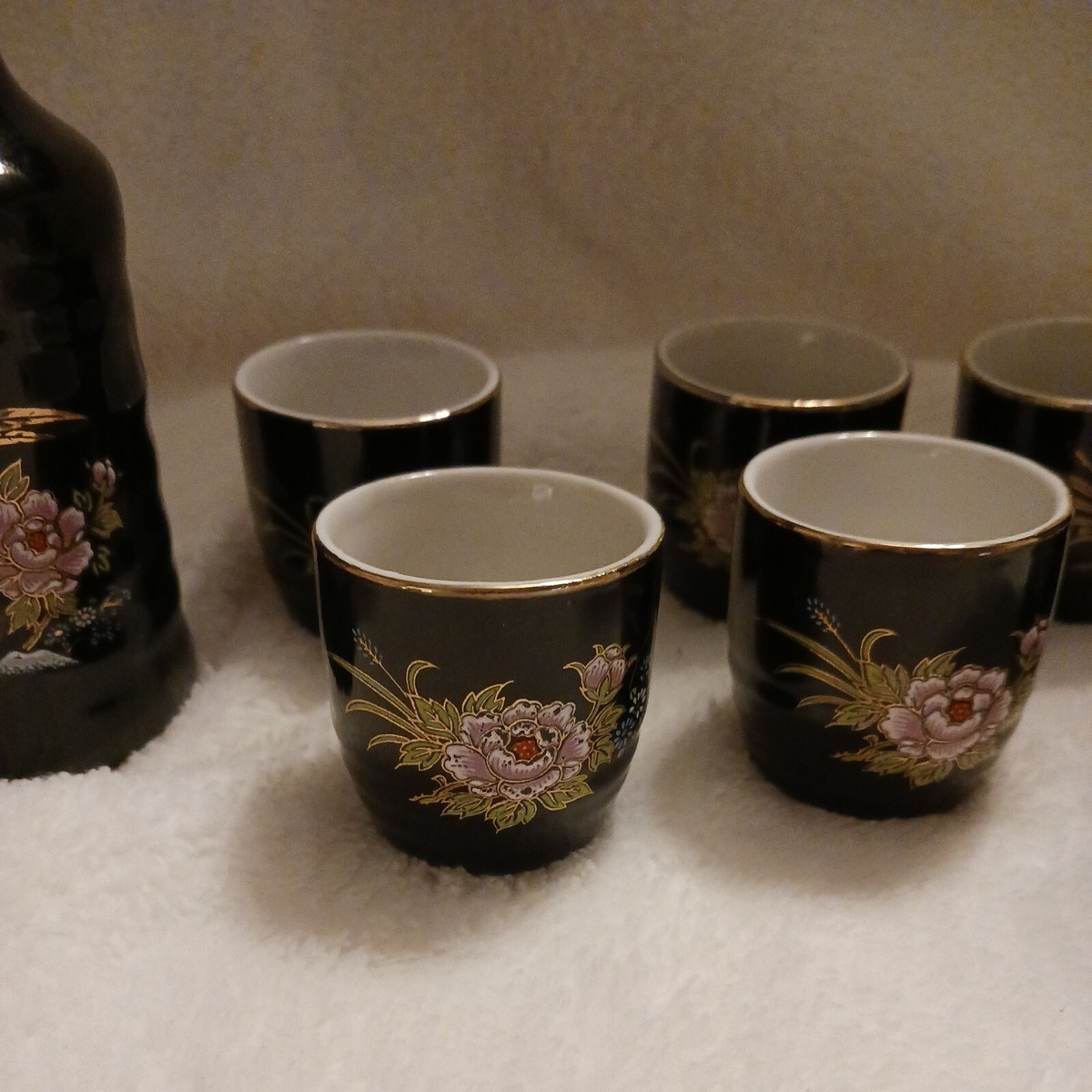 Vintage Blue 7 Piece Asahi Japan Sake Set With Peacocks, flowers
