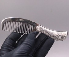 999 Fine Silver Pure Silver Hair Comb Fish Lotus Long Handle Hair Care 5.51inch