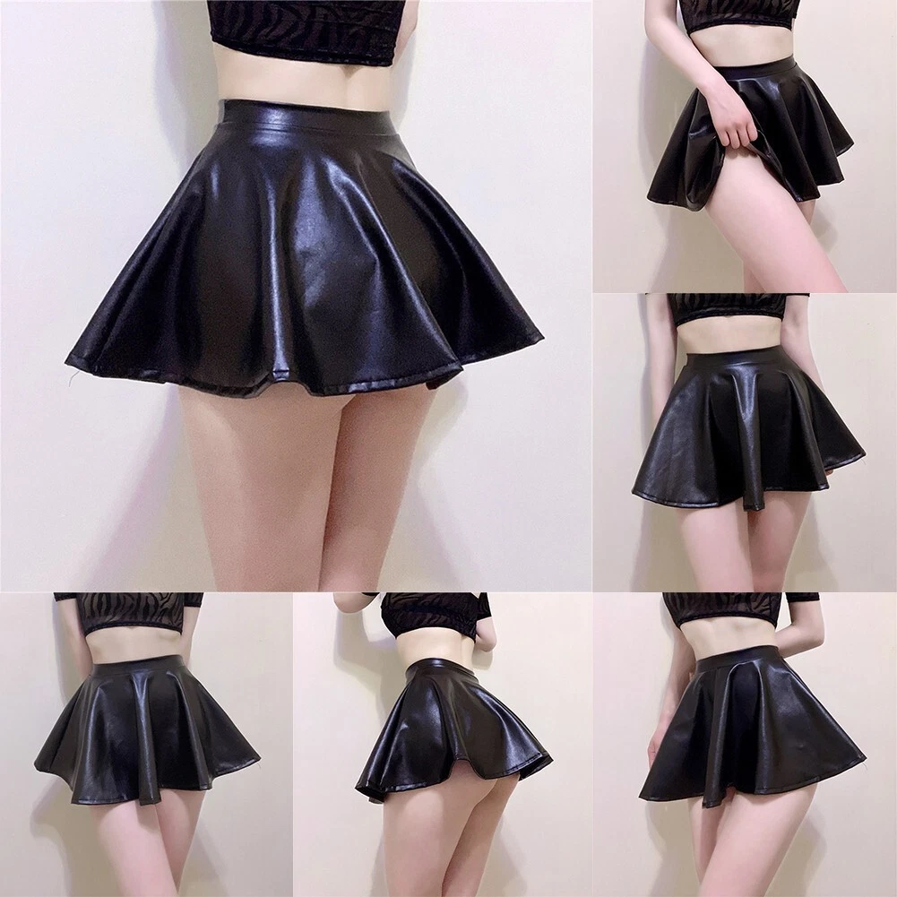 Jupe femme neuve courte noire confortable taille haute cuir PU jupe patineuse