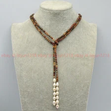 4mm Multi-Color Picasso Jasper & 7-8mm White Freshwater Pearl Necklace Long 50''