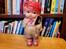 NICE LARGE VINTAGE 1920'S or 30'S CELLULOID SCHOOL BOY HOLDING CAT SIGN   7"