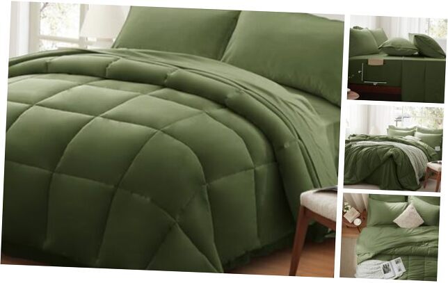 Comforter Set 7 Piece Bed in a Bag with Sheets, Comforters Queen Olive Green