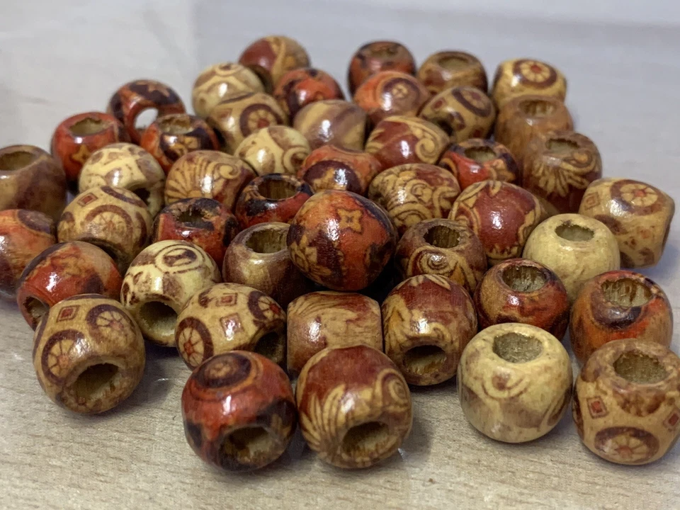 Mixed Tribal Pattern Wood Beads 100X Wooden Macrame Pony Dreadlock Bead 12mm - Image 3 of 4