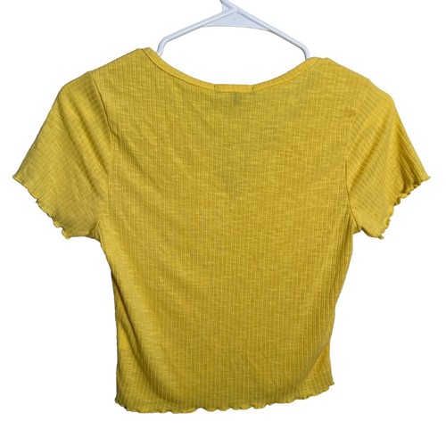 Ambiance Blouse Women's Medium Yellow Ribbed Cropped Short Sleeve Button Shirt - Imagen 3 de 8