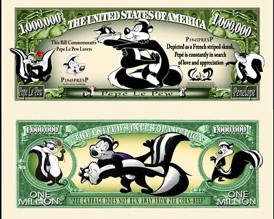 Pepe Le Pew Million Dollar Bill Play Funny Money Novelty Note with FREE SLEEVE