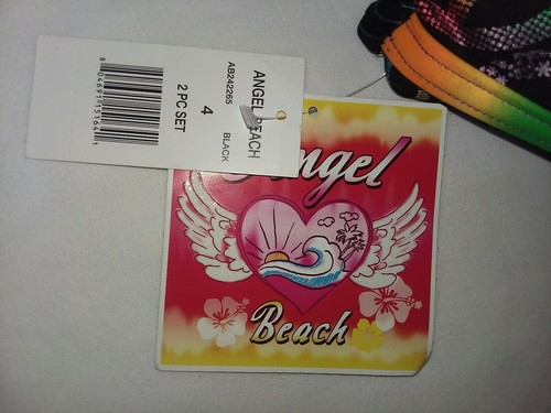 Angel Beach Black Rainbow Foil Peace Sign Hearts Bikini Tankini Sz 4 Girls Swim - Picture 6 of 6