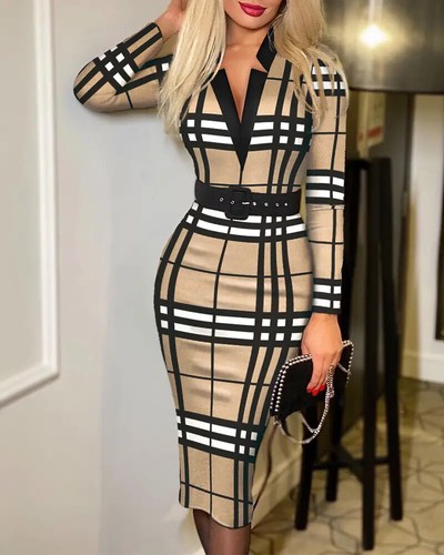 Plaid Print Long Sleeve Belted Pencil Dress - 第 1/8 張圖片