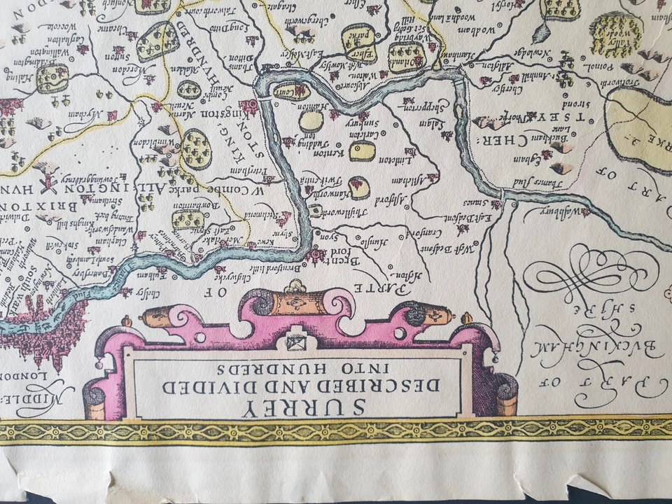 John Speed Map of Surrey - 64 x 47 cm Hand-Colored #ListingsInLights - Image 3 of 4