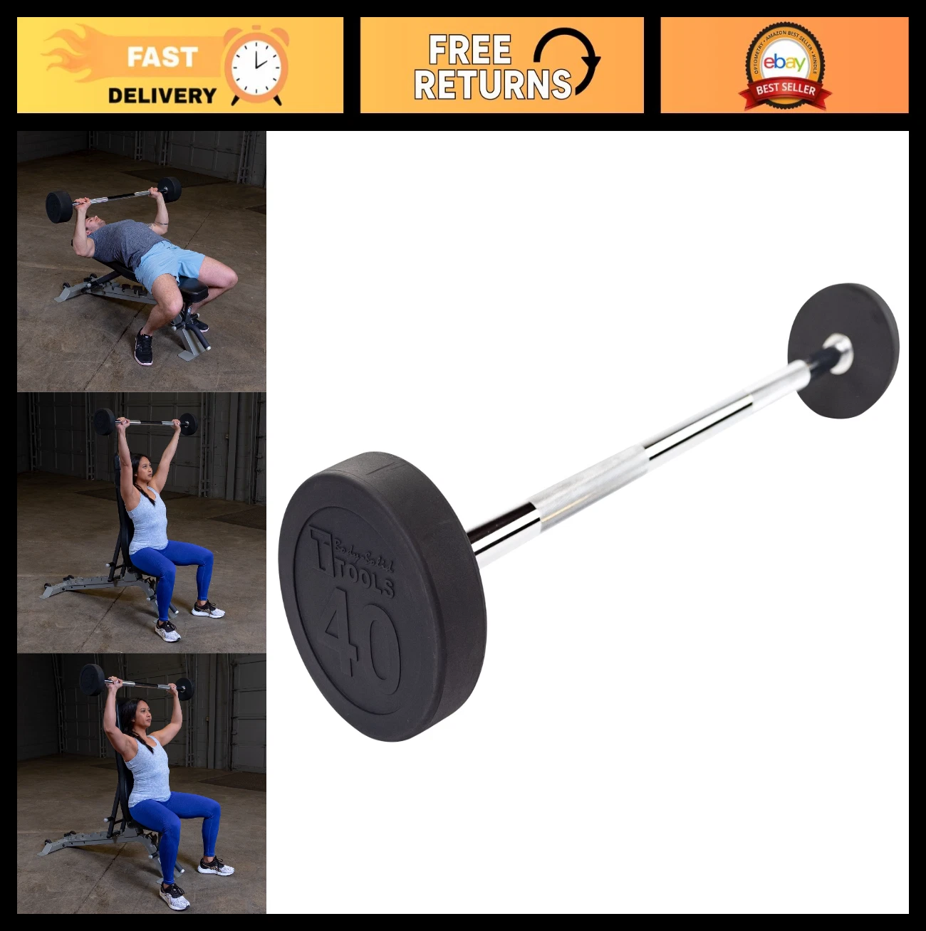 Rubber Coated Fixed Weight Barbell 40lb for Weightlifting, Strength Training, Bo