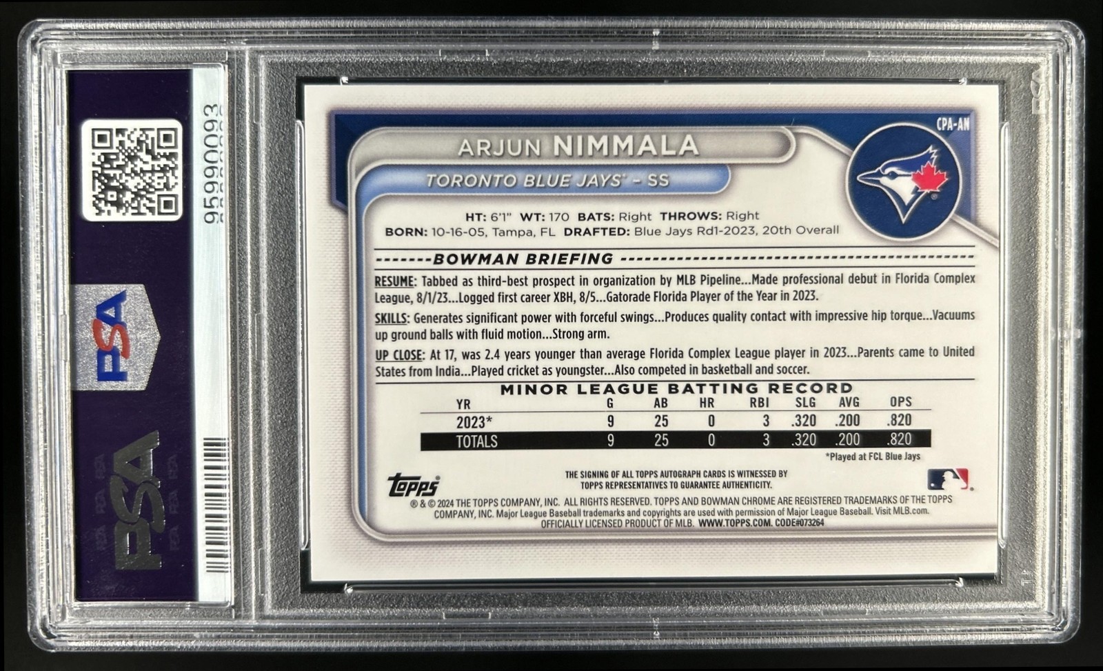2024 Bowman Arjun Nimmala Chrome Auto Orange Refractor 1st #/25 Blue Jays PSA 10 view 2