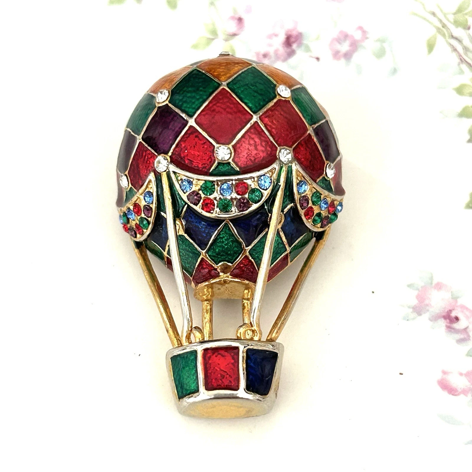 VTG Hot Air Balloon Brooch Harlequin Enamel Rhinestone 2.5” Colorful Pin