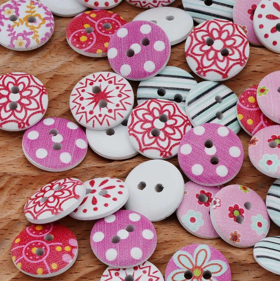 50pcs Red Print Wood Buttons, for Sewing, Scrapbooking & DIY Decor 15mm - Image 4 of 4