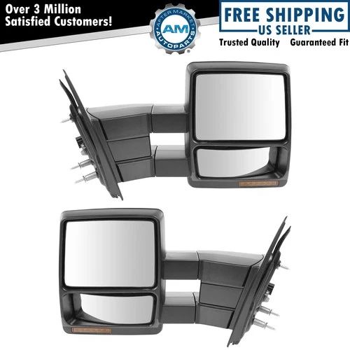 Tow Mirror Power Heated Signal Smooth Black Chrome Pair Set for Ford F150 New