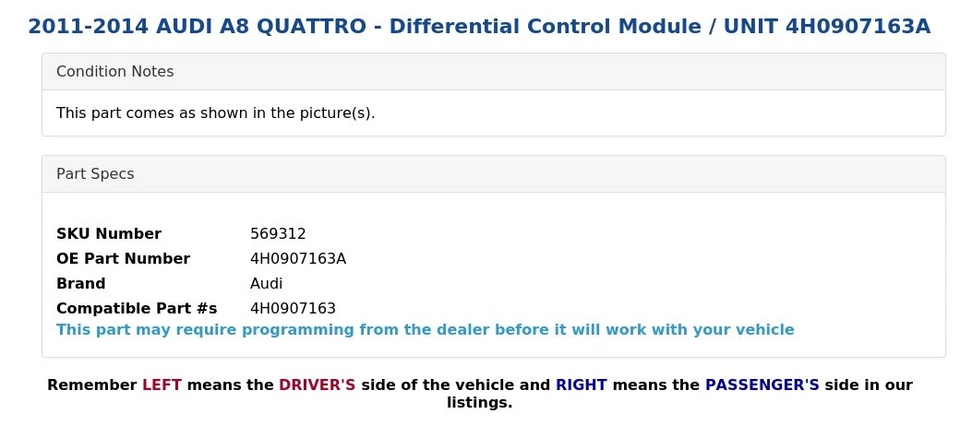 AUDI A8 QUATTRO 2011-2014 - Módulo de control diferencial / UNIDAD 4H0907163A Foto 3 de 4