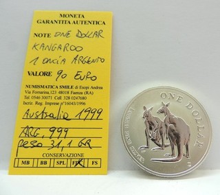 RARE 1999 AUSTRALIA 1 DOLLAR PURE SILVER COIN/OUNCE "KANGAROO" PROOF
