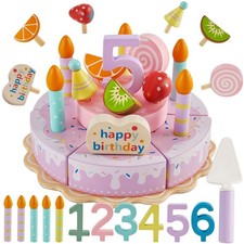 Wooden Birthday Cake Toy Play Food Sets, Pretend Baking Kitchen Playset for T...