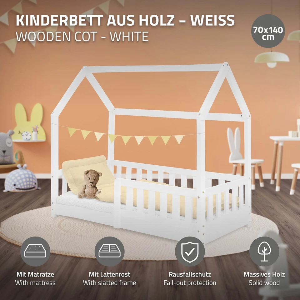 Cama niños madera de pino colchón hipoalergénico somier liston blanco 70x140 cm - Imagen 2 de 4