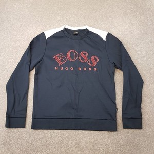 Hugo Boss Mens Sweatshirt Medium Blue Jumper Spellout Sweater Salbo Short Fit