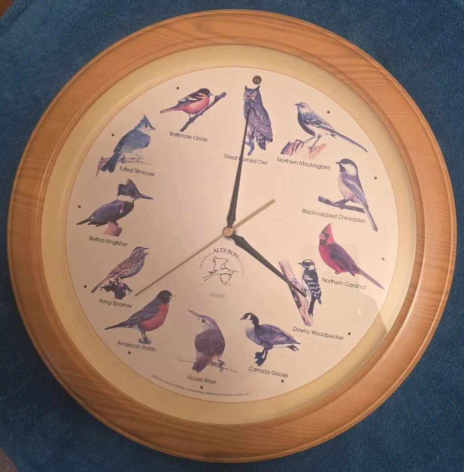 Reloj Pájaro Cantor Sociedad Nacional Audubon 13" Marco Color Roble PROBADO DE COLECCIÓN Foto 3 de 4