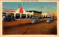 1940, Main Street, Ben-Hur Cafe, TIJUANA, Mexico Linen Postcard
