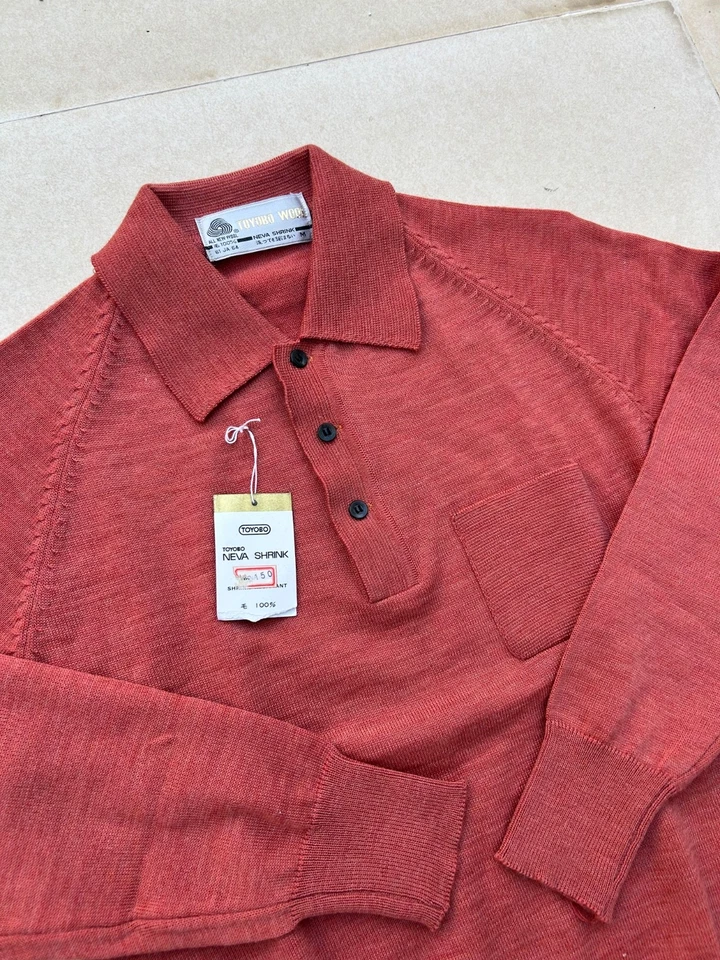 Vintage 90s Japanese New Wool Long Sleeve Orange Textured Knit Polo M Toyobo - Image 3 of 4
