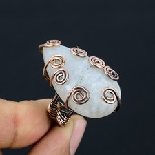 Rainbow Moonstone Gemstone Handmade Copper Wire Wrap Jewelry Ring Size 9 o823