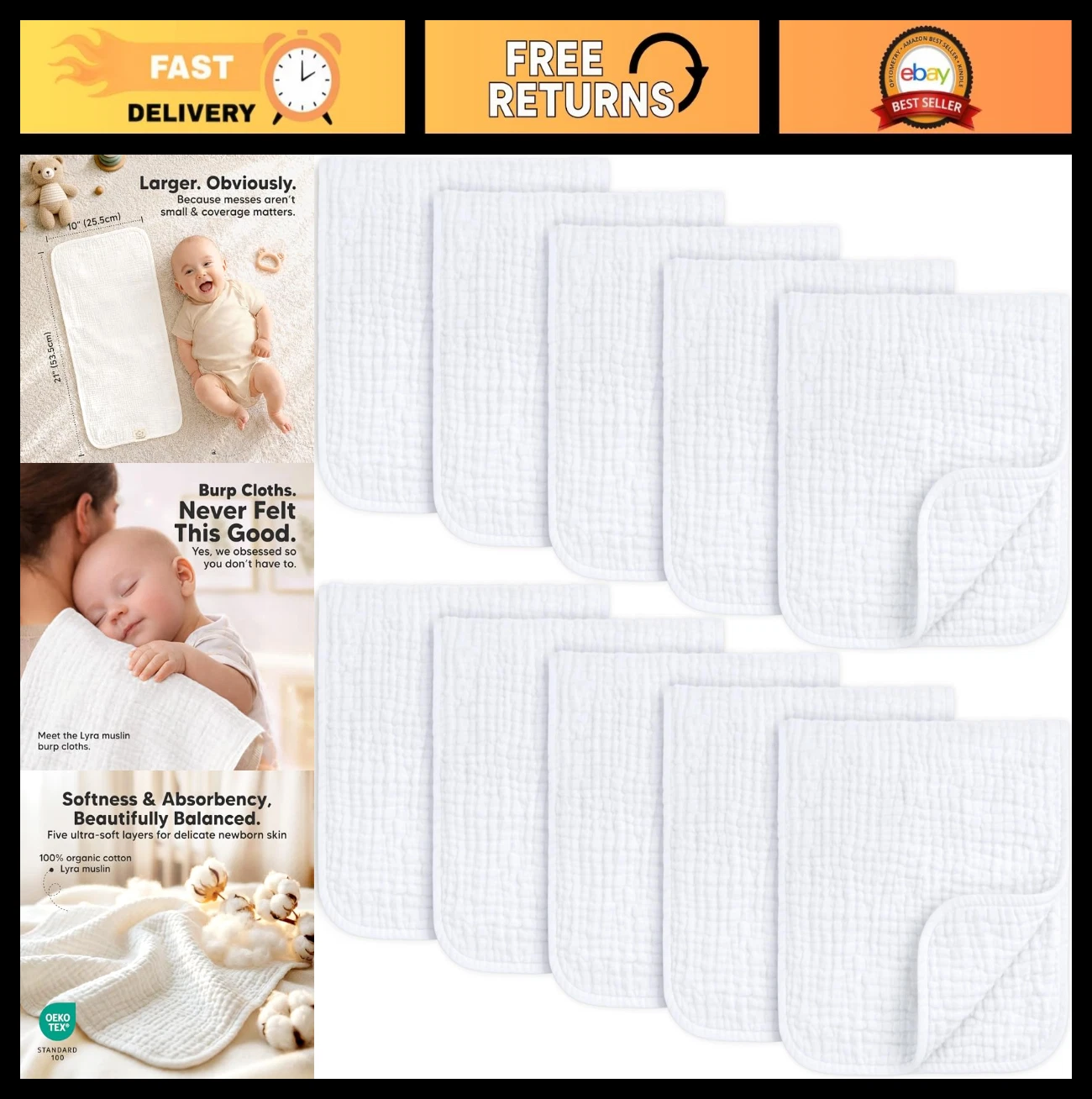 Organic Muslin Burp Cloths 10-Pack - 100% Cotton Baby Spit Up Rags, Large & Abso