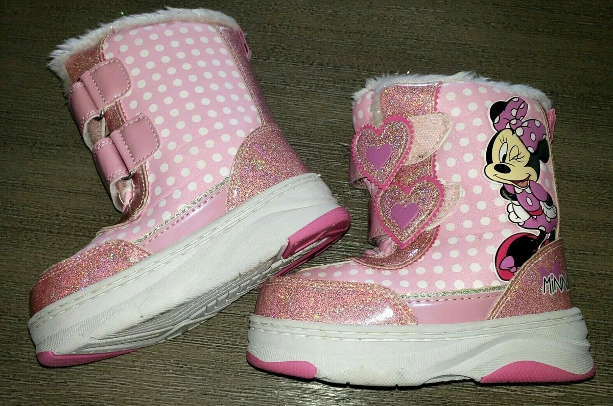 Girls size 10 MINNIE MOUSE DISNEY SNOW BOOTS pink SPARKLE faux fur trim SO CUTE