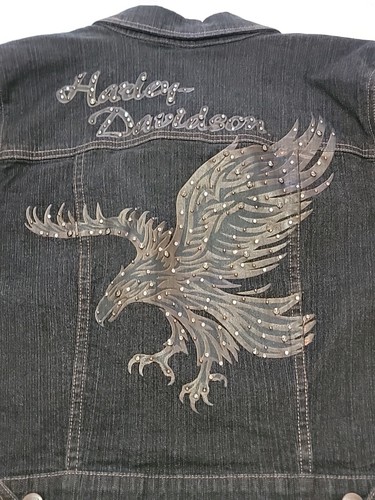 Giacca Harley Davidson vintage, donna taglia L, denim nero ritagliato con bottoni - Foto 8 di 12