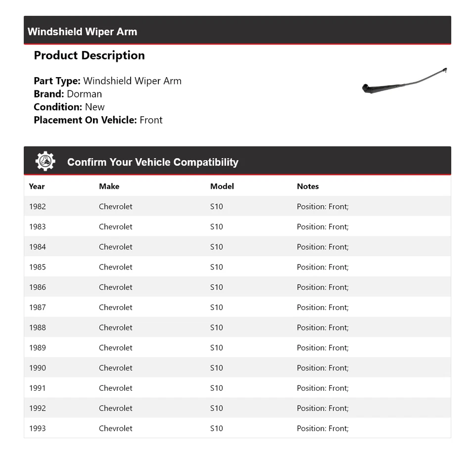 Передний рычаг стеклоочистителя ветрового стекла для Chevrolet S10 Dorman 1982-1993 годов выпуска 1983 1984 1985 годов выпуска - Изображение 2 из 3